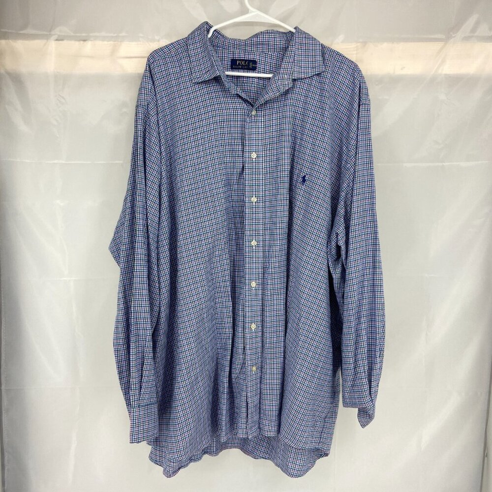 Polo Ralph Lauren Men Big 3X Long Sleeve Button Up Shirt Blue Plaid Lightweight